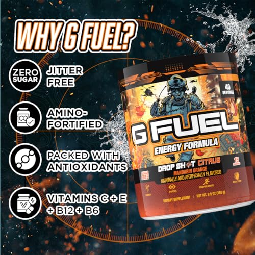 Image of G Fuel Drop Shot Citrus Energy Drink Powder, Pre Workout Caffeine Mix for Gaming, Sugar Free Focus Amino, Vitamin + Antioxidants, 9.9oz (Mandrin Orange, 40 Servings)