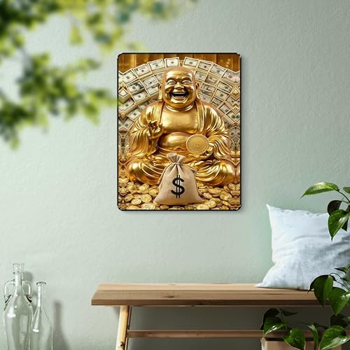 Image of SAF Golden Laughing Buddha Wealth Wall Art | Money Blessing Painting with Sparkle Lamination | Vastu Decor for Home Office Shop Positive Energy and Prosperity (14 Inch x 11 Inch) K-36113