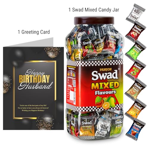 Image of Swad Happy Birthday Husband Gift with Card (Swad Mixed Flavours Candy 200 Jar & 1 Greeting card) 2 units