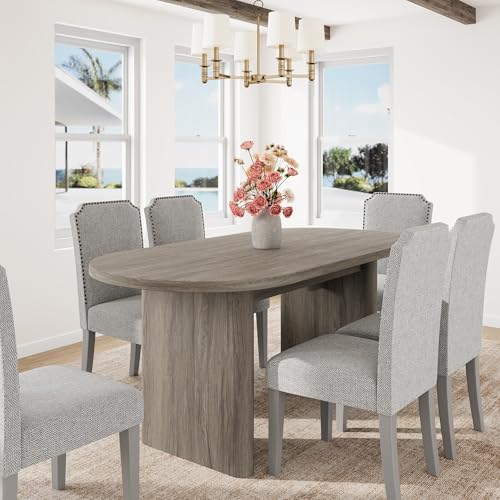 Image of GarveeHome Oval Dining Table for 6-8 People, Long Large Kitchen Table with Thick Sturdy Wooden Base, Farmhouse Dining Room Table for for Kitchen, Living Room, Office (63 inch Long,Grey Walnut)