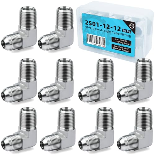Image of 90 Elbow Straight Hydraulic Hose Adapter Fittings, 2501-12-12 1-1 /16 inch-12 90 Male 37 JIC Flare x 3 /4 inch-14 Male NPTF PIPE Connectors x 10 pack