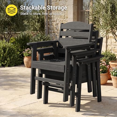 Image of 5-Piece Outdoor Dining Set for 4, HDPE Patio Dining Table and Stackable Chairs Set, Weather Resistant Square Table with Umbrella Hole for Garden, Backyard, Lawn and Poolside, Black