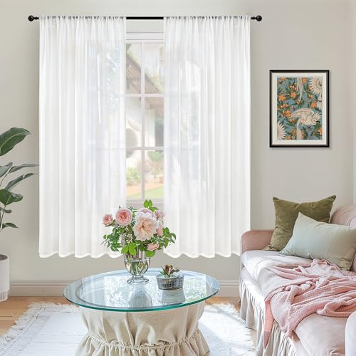 Image of BGment White Semi Sheer Linen Curtains 63 Inch Length for Bedroom 2 Panels Set - Textured Light Filtering Drapes with Rod Pocket Lightweight Window Treatments for Living Room, 52 X 63 Inch
