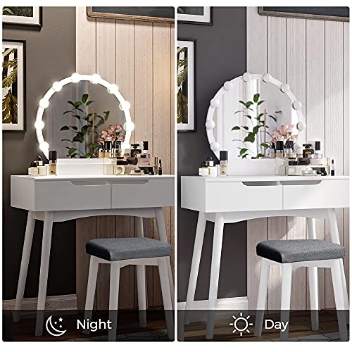 Image of VASAGLE Makeup Vanity Set with 10 Light Bulbs and Touch Switch, Dressing Makeup Table Desk with Large Round Mirror, 2 Sliding Drawers, 1 Cushioned Stool, White URDT11WL
