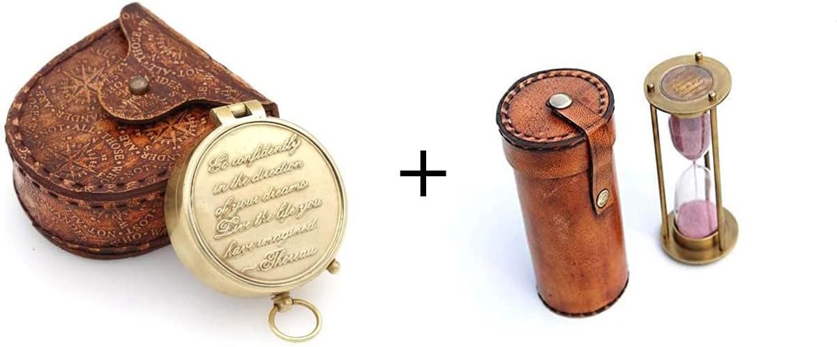 Engraved Compass/Hour Glass Gift, Personalised Gift for Son, Him, Go Confidently in The Direction of Your Dreams with Leather Case