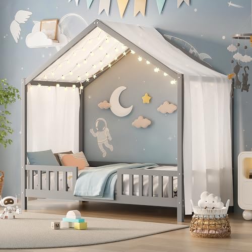 Image of Twin Size Wood House-Shape Platform Bed with Roof Frame and Canopy, Montessori Floor Bed with High Railings and Slat Support for Kids Girls Boys, No Box Spring Needed (Grey-05, Twin)