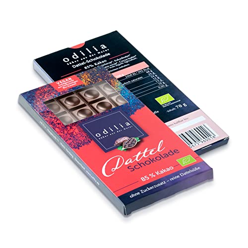 Odilia Dunkle Verführung: 70g Bio Dattel Schokolade | & Vegan und Ohne raffinierten Zucker (Dattelsüße) | 85% Kakao | Handgefertigt Made in Germany