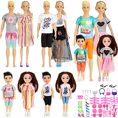 ONEST 78 Pieces Doll Clothes Parent Child Suit Set for 11.5 Inch and 5 Inch Girl Boy Doll Include 12 Sets Cute Clothes with 50 Pieces Different Doll Accessories and 2 Pieces 5 Inch Mini Dolls