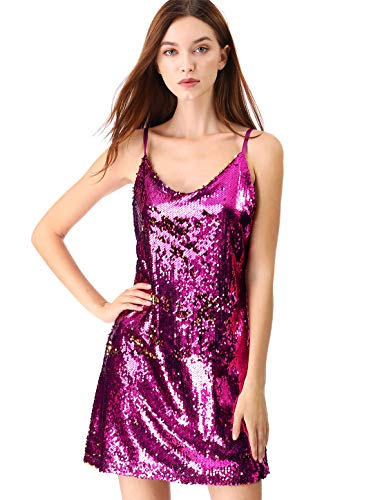 Allegra K Women's Glitter Sequin Dress Spaghetti Strap V Neck Party Cocktail Sparkly Mini Dress Clubwear Medium Pink