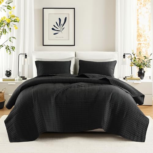 Comfort Spaces Kienna Quilt Set- Double Sided Stitching Design Summer Blanket, Lightweight, Soft, All Season Bedding Layer, Matching Sham, Black, Coverlet King (104"x90") 3 Piece