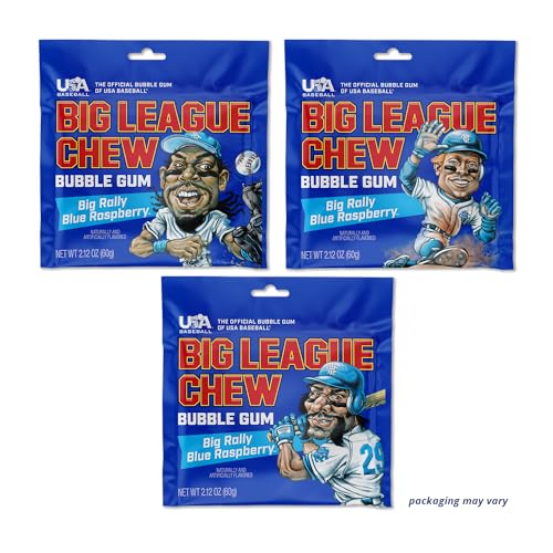 Image of Big League Chew Big Rally Blue Raspberry Bubble Gum - Bold Blue Raspberry Blast | Perfect for Baseball Games, Teams, Concessions, Parties, and More | Pack of 12 Bags (2.12oz Each)