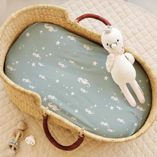 Image of Baby Bassinet Sheets for Boy, Girl (Ocean Odyssey) 2-Pack - Fitted Bedside Bassinet Sheets - Buttery Soft Cotton Blend for Standard Mattress Pad - Compatible with Halo BassiNest