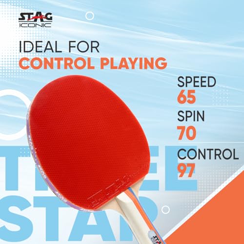 Image of 3 Star Table Tennis Racquet for Beginners & Intermediate Players | Balanced Speed, Spin & Control with Inverted Smooth Rubber | Flared Handle Shakehand (Red /Black)