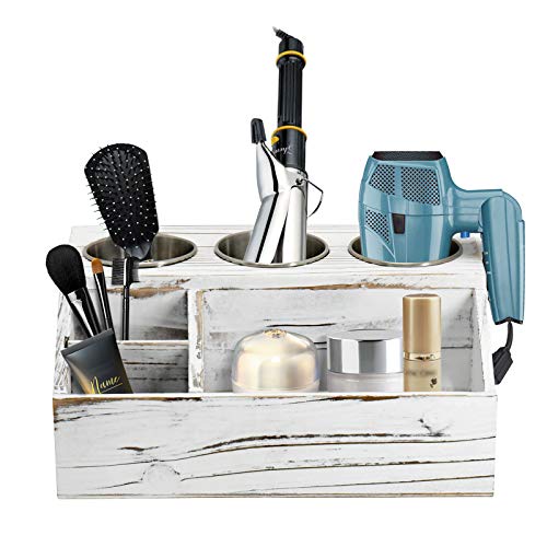 Rustic Wood Hair Dryer Holder, Hair Styling Care Tool Organizer, Bathroom Supplies Countertop Storage Stand and Vanity Caddy for Blow Dryer Flat Iron Curling Wand Hair Straightener Brushes (White)
