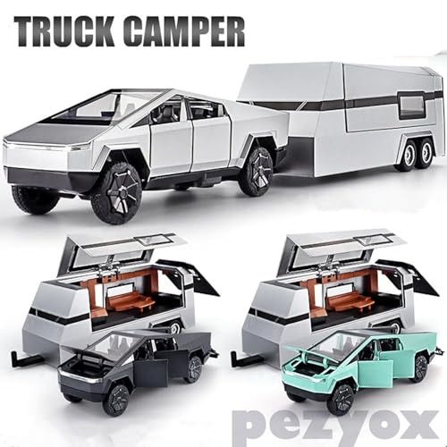 Image of 1:32 Scale Die-Cast CyberrTruck Pick-Up Trailer with 6 Openable Doors Pull Back Action,Lights & Music (Emerald Green)