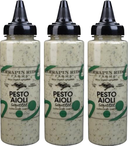 Terrapin Ridge Farms Pesto Aioli Garnishing Sauce – Gluten-Free, Keto-Friendly, Low Carb, Low Sugar- 7.5 Ounce Squeeze Bottle (Pack of 3)