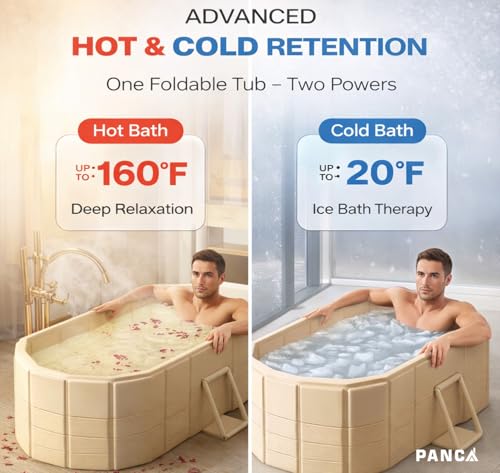 Image of PANCA Portable Bath Tub for Adults | Foldable SPA Bathtub with Drainage Hole, Thick Insulated Design for Hot & Cold Water (Beige Rectangular)