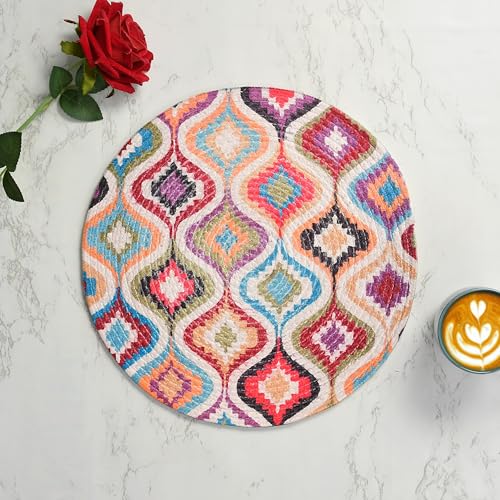 Image of LaVichitra Cotton Table Placemat | Dining Table Mat | Bed Side Table Mat | Cotton Round Shape Placemats | Washable PlaceMat for Shelves & Plant Pots - Pack of 1, Ikat Print