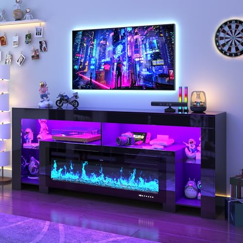 82.7" Modern High Gloss Fireplace TV Stand with 50" Fireplace, Entertainment Center with Electronic Flame and LED Lights, TV Console Cabinet, Black