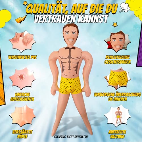 Aufblasbare Gummipuppe Mann – Lustige Puppe für Frauen JGA & Party – Lebensgroße Figur 150 cm – Witziges Gag Geschenk & Scherzartikel für Geburtstag, Mädelsabend & Feier