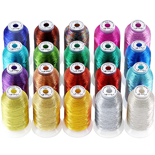New Brothread 20 Assorted Colors Metallic Embroidery Machine Thread Kit 500M (550Y) Each Spool for Computerized Embroidery and Decorative Sewing