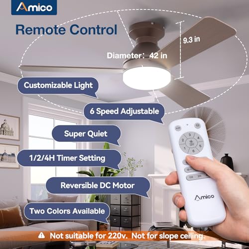 Image of Amico Ceiling Fans with Lights, 42 inch Low Profile Ceiling Fan with Light and Remote Control, Flush Mount, Reversible, 3CCT, Dimmable, Noiseless, Brown Ceiling Fan for Bedroom, Indoor /Outdoor Use
