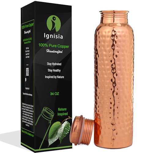 Copper Water Bottle 34oz - 100% pure Ayurvedic copper bottle for drinking | eco-friendly | copper vessel | BPA free non toxic lab tested | Leak-Proof | Handcrafted for Health & Wellness (Hammered)