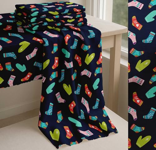 Image of Soimoi Blue Cotton Cambric Fabric Socks & Gloves Folk Art Printed Craft Fabric by the Meter 42 Inch Wide