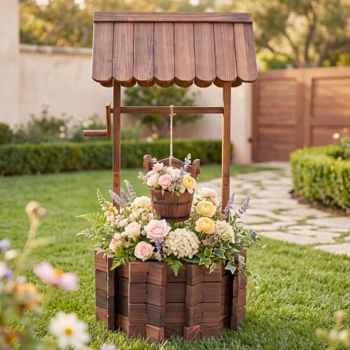 Aoxun Wooden Wishing Well Planters with Hanging Bucket Garden Helper Rustic Garden Decor for Outside Yard and Patio Upgrade - Reinforced Base Brown