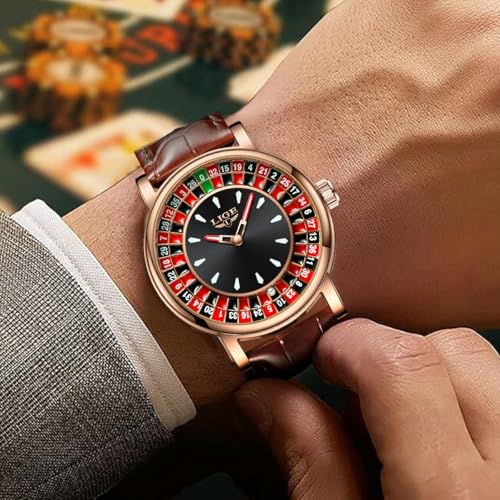 Image of LIGE Mens Roulette Wheel Watches Casino Themed Quartz Analog Watch 3ATM Waterproof Glowing Man Wrist Watches