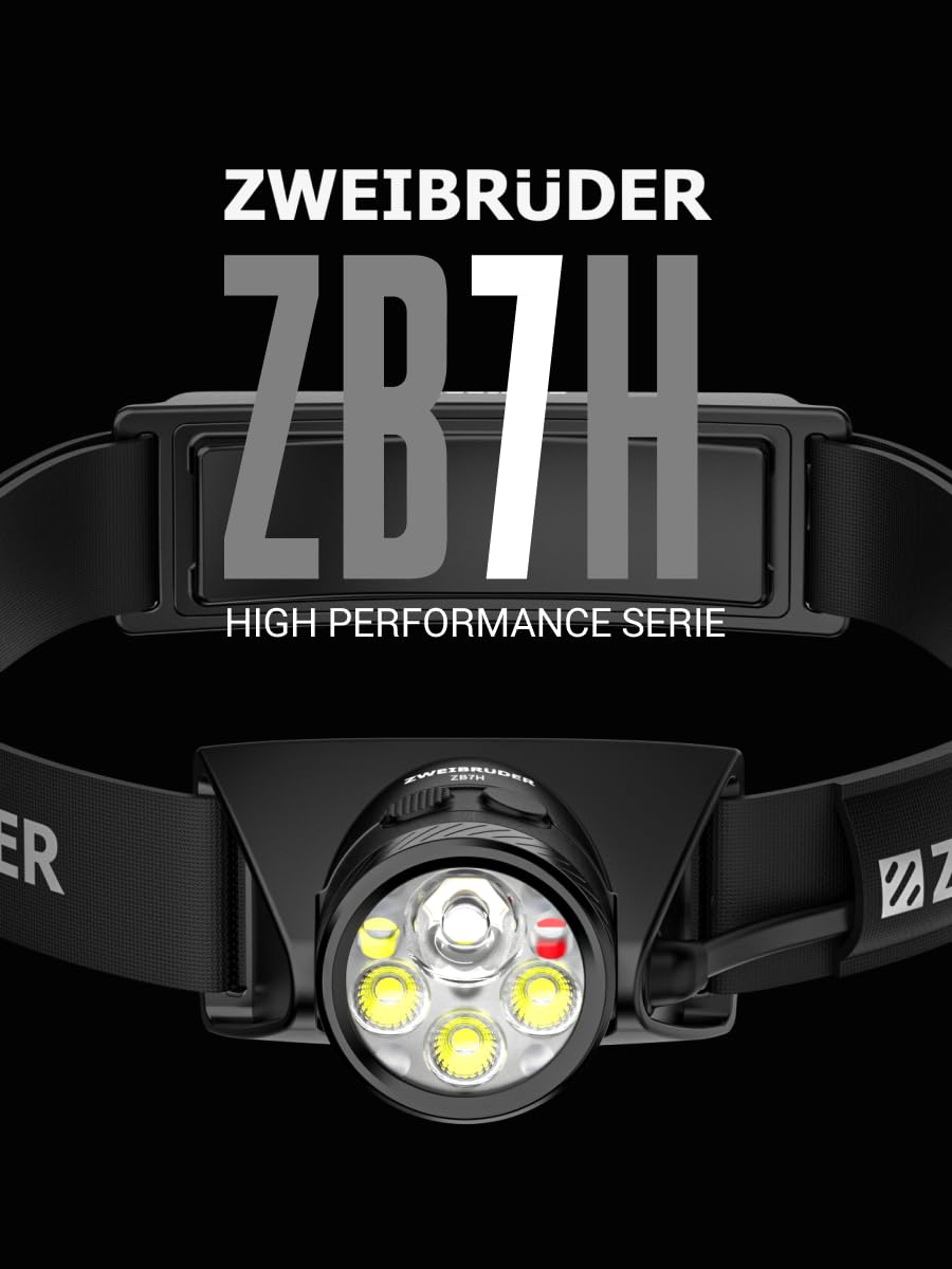 Zweibrüder ZB7H Linterna Frontal LED Recargable 1200 Lúmenes – Linterna de Cabeza con Digital Focus, Luz Roja y Luz Trasera, USB-C Integrado, Ideal para Outdoor, Running y Camping