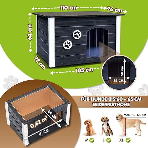 Outentin Hundehütte Outdoor Winterfest - Hundehaus für Große Hund - Isoliert und Wetterfest - Hunde Haus für Draußen mit zum Öffnen Flachdach - Stabile und Moderne Villa - 105 x 71 x 64cm - Grau