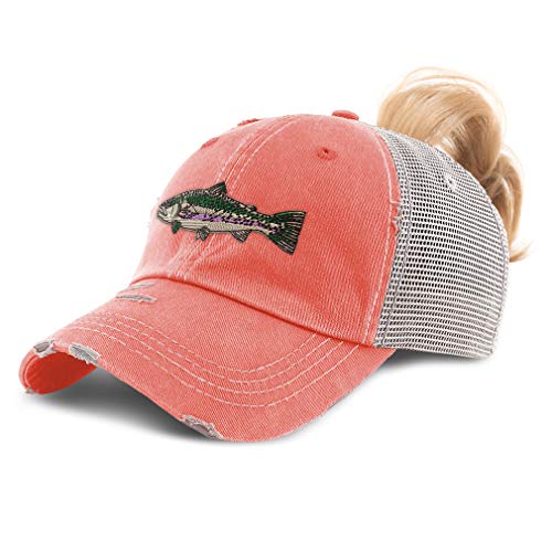 Custom Womens Ponytail Cap Fish Rainbow Trout Embroidery Cotton Messy Bun Distressed Trucker Hats Strap Closure Coral Design Only