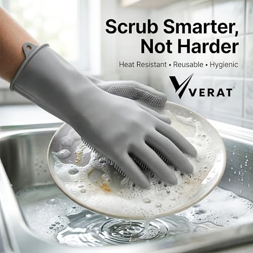 Image of Kitchen Dishwashing Gloves for Washing Dishes - Reusable Rubber /Silicone Cleaning Gloves for Kitchen, Bathroom & Car Cleaning - Waterproof Household Hand Gloves for Women, Home Essentials (Grey)