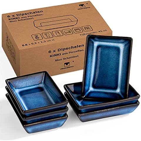 Urban Lifestyle 6 x rectangular sauce bowls, 8.8 x 6.2 x 2.3 cm, dip bowl, blue finger food set made of porcelain, kinki (blue shaded), soy sauce bowls, sushi bowls, finger food Cover