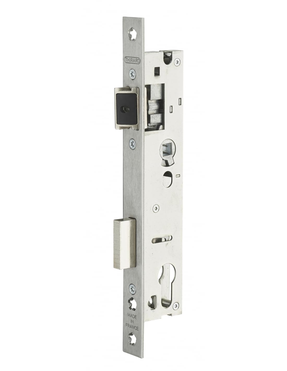 THIRARD - Boîtier de Serrure Encastrable à Cylindre pour Porte d'Entrée - Axe 24 mm - Entr'Axe 92 mm - Bouts Carrés - Coffre Acier Épaisseur 15 mm - Têtière Inox - Pêne Acier Nickelé - Gris