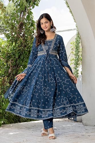 Image of Rangnavi Women's Cotton Trending Anarkali Embroidered Kurta with Pants and Dupatta Set | Ethnic Set (Blue)