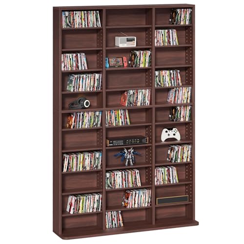 11 Tier Tall Display Cabinet, Walnut Media Storage Cabinet | Adjustable Shelves, Free Standing DVD Organizer Shelf, Floor Multimedia Storage Manga Bookshelf for Living Room & Home Office