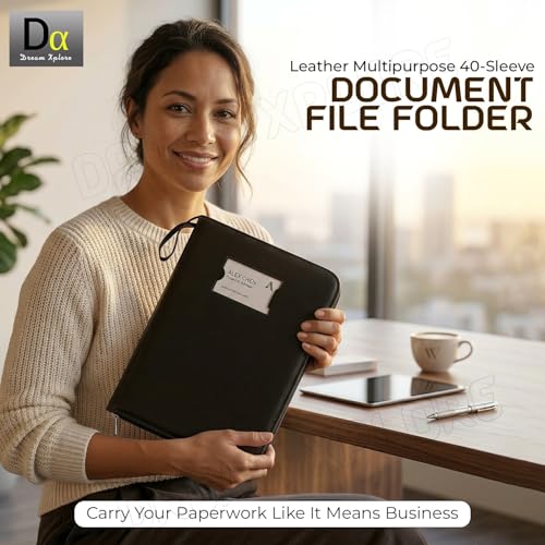 Image of Leather Multipurpose 40 File Sleeve to Store A4 Professional Files and Folders, Certificate, Legal Size Documents Holder and for Men and Women - Black (Pack of 1)