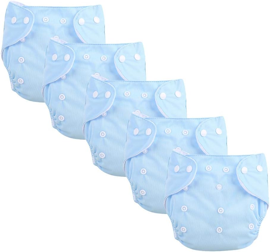 Baby Washable Cloth Diaper Nappies,5PCS Waterproof Cotton Adjustable Wrap Soft All-in-One Pocket Nappy for Most Baby Toddlers (Blue)