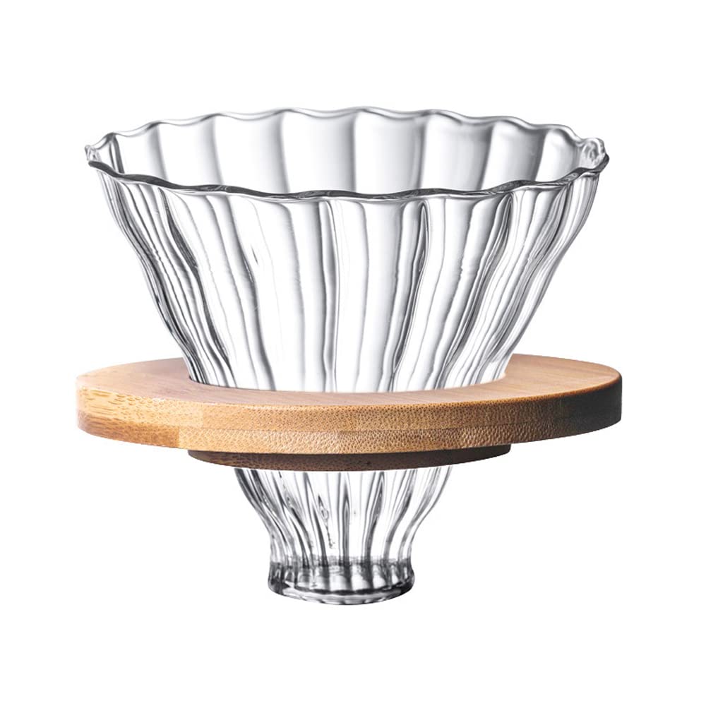 Hosoncovy Transparent Glass Coffee Dripper Coffee Filter Holder Coffee Filter Cone with Wooden Pad Coffee Funnel for Coffee Maker