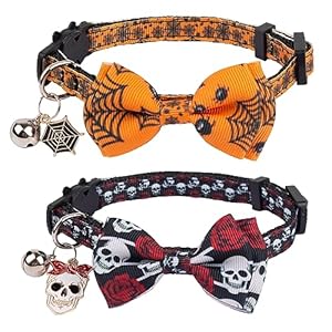 ADOGGYGO Halloween Cat Collars with Bow Bell, Breakaway Cat Bowtie Collar Spider Web Skull Pattern Halloween Collars for Girl Boy Cats Kittens (Halloween-2)