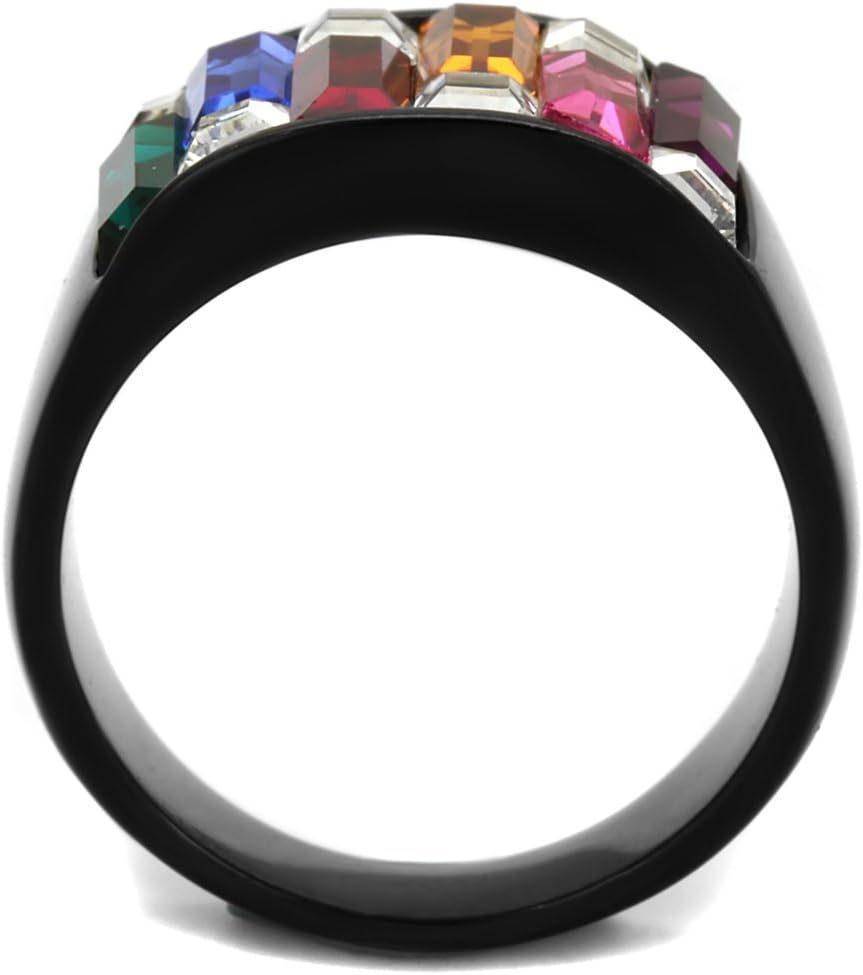 Marimor Jewelry 4.68 Carat Multi-Color Crystal Black Stainless Steel Cocktail Ring Women's Size 5-10