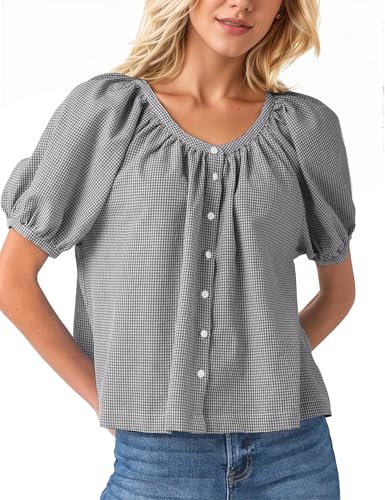MISSACTIVER Plaid Puff Short Sleeve Shirts Women Button Down Crew Neck Babydoll Tops Summer Flowy Gingham Peplum Blouse