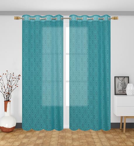 Image of Fabrilia Geometric Pattern Door Net Curtains 7 Feet Long Set Of 2 For Living Room /Bedroom, Teal Blue, Semi Sheer, Grommet Curtains