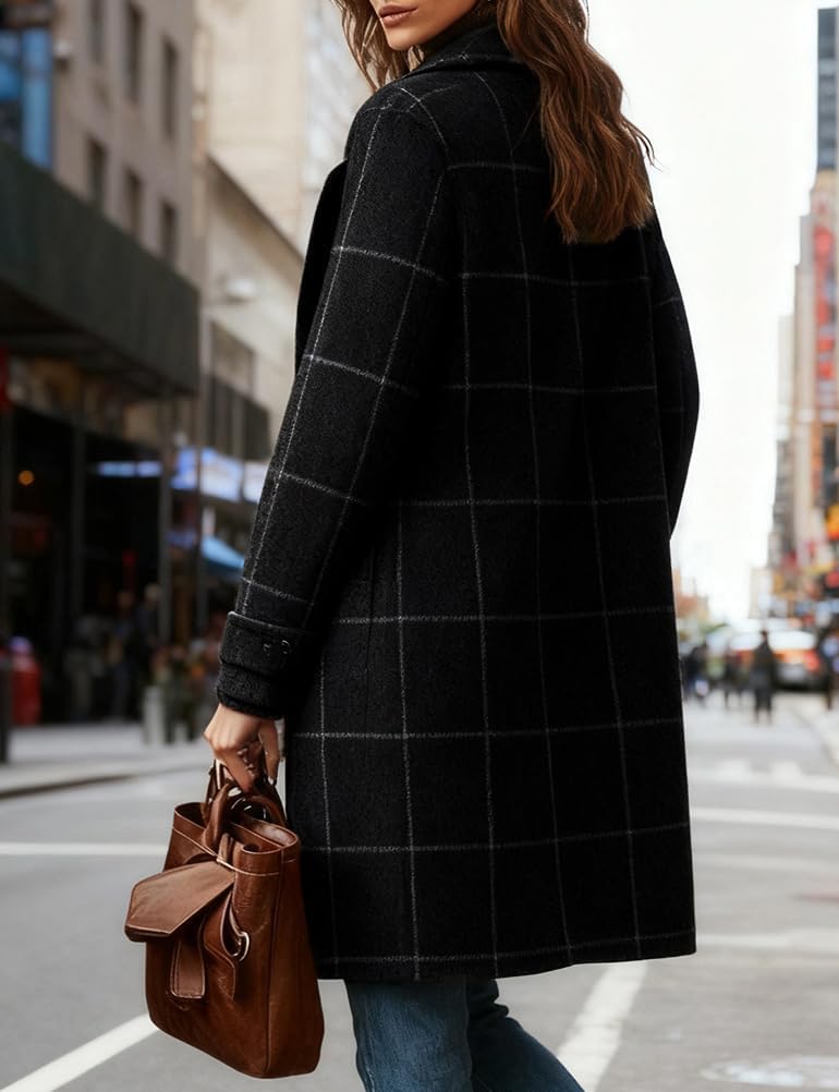 chouyatou Women's Winter Notched Collar Plaid Wool Trench Coat Button Down Mid Long Overcoat Outerwear - Image 4