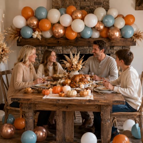 Image of Orange and Blue Balloons, 12 Inch Burnt Orange Dusty Blue Copper Balloon | Retro Fall Color Terracotta Metallic Copper Sand White Beige Latex Balloons for Boys Little Pumpkin Fall First Rodeo Western