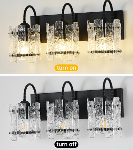 Image of Black Vanity Lights for Bathroom 3 Lights with Stone Texture Round Glass Modern Bathroom Sconce Above Mirror 20in Wall Lamp for Bathroom Living Room Bedroom (Bulbs Included)