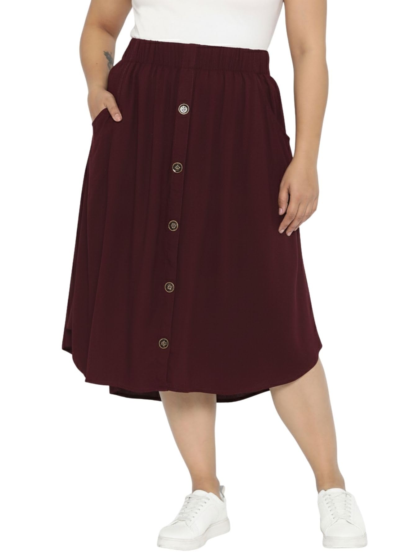 the pink moon Women's Plus Maroon A-Line Button Skirt (AIMS001 BUR)-picture-22