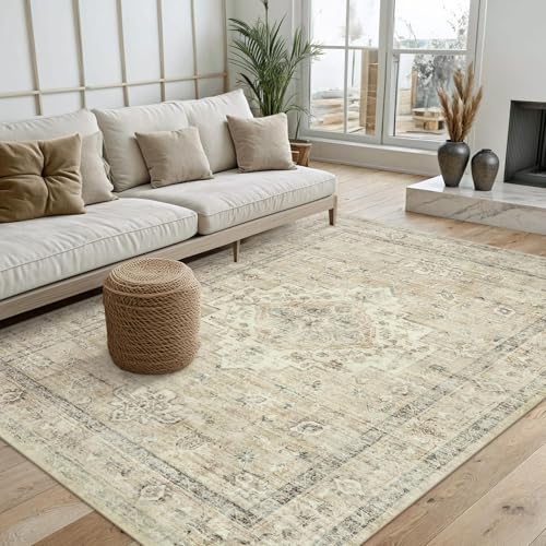 Image of LIVEBOX Washable Area Rug 5x7 Rugs for Living Room Bedroom, Non-Slip Boho Neutral Carpet for Dining Room Office, Low-Pile Farmhouse Soft Carpets for Kids Nursery Room Playroom, Tan